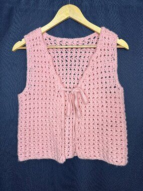 Hand Crocheted Pink Acrylic Vest with Tie Front, Size Small** Cottage Boho Indie